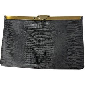 Vintage Etra Genuine Leather Black Lizard Embossed Clutch Chain Shoulder Bag
